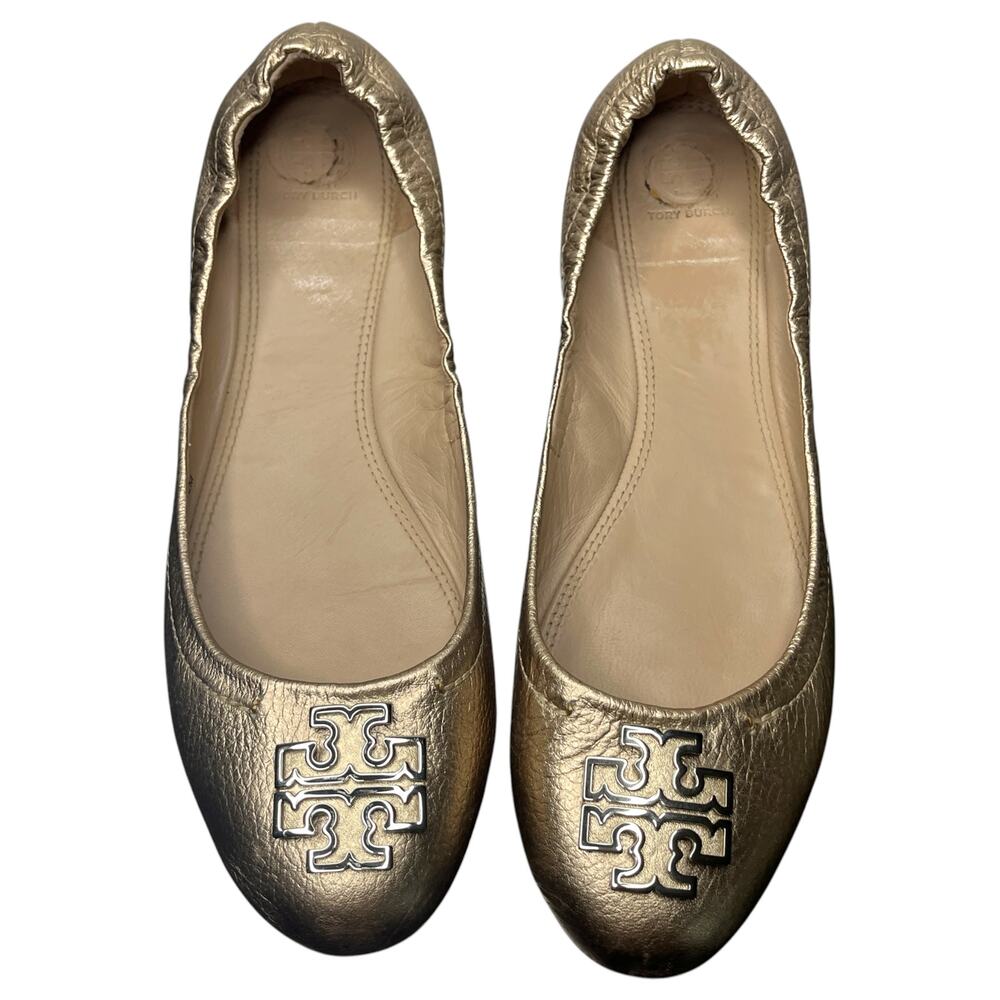 Tory Burch Womens Ballet Flats 12M 42.5 Melinda Gold Logo Leather Scrunch Travel